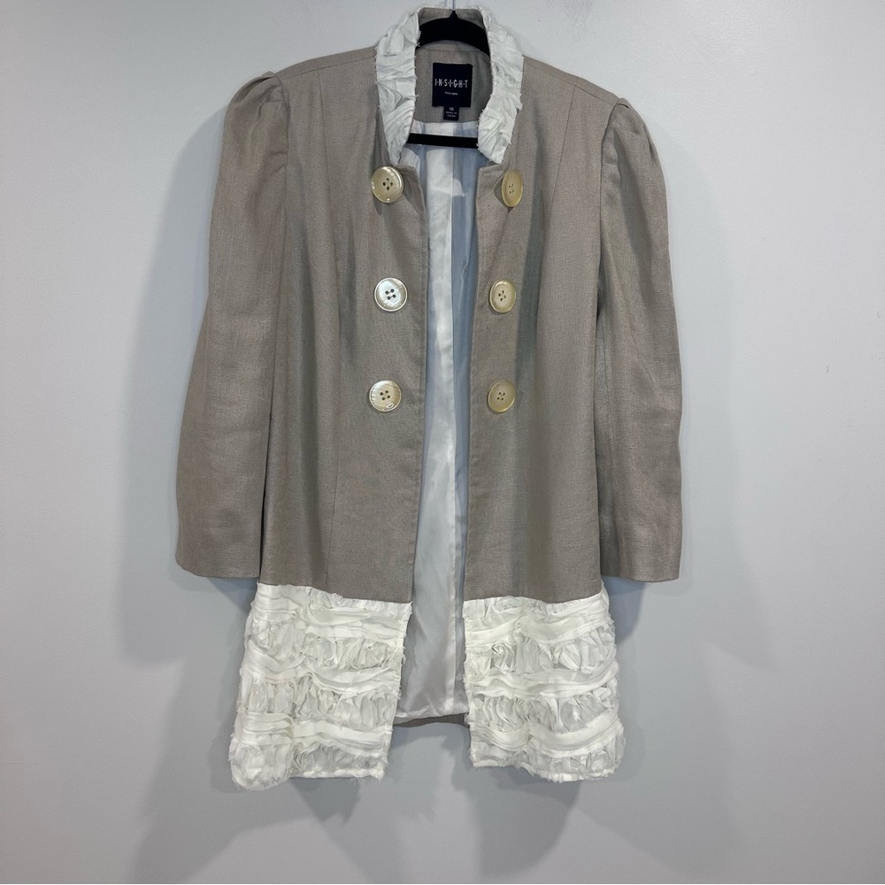 Insight Taupe Blazer with White Ruffle Trim